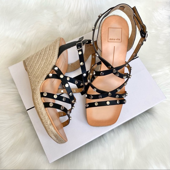 NIB DOLCE VITA Size 8 Studded Black Strappy Espadrille Wedges - Picture 2 of 9